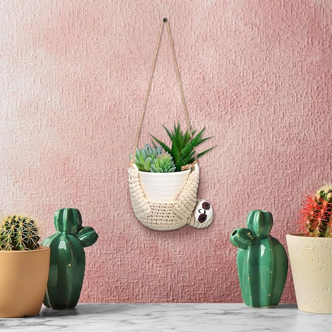 Patelai 2 Pieces Crochet Sloth Hanging Planter Handmade Sloth Plants Holder Plant Hanger for Indoor Outdoor Hanging Planter Supplies, Flower Pot and Plant Not Included