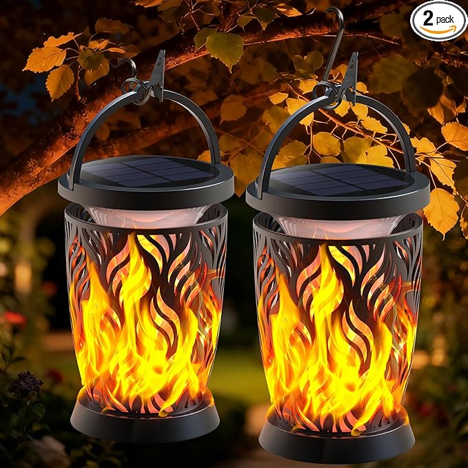 Solar Lanterns Outdoor Waterproof ,2 Pack Flickering Solar Flame Lights Upgraded Hanging Flame Lantern Pathway Torch Light Table Lamp, Auto On/ Off Porch Yard Gifts (1 Lighting Mode)