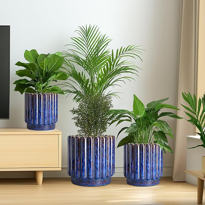 Ceramic Pots for Plants - 7.6 Inch Plant Pots Indoor with Drainage Hole, Fluted Round Ceramic Planter Outdoor, Modern Flower Planter, Home Office Living Room Decor, Garden Gifts, Blue