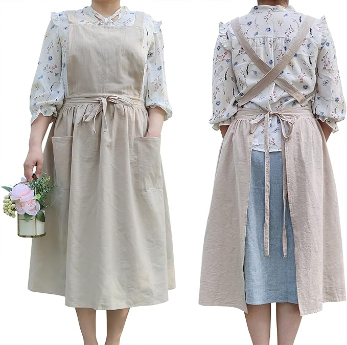 Cute Retro Cotton Linen X-Back Aprons Home Kitchen Garden Art Painting Pinafore Florist Shop Overalls