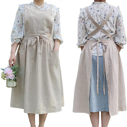 Cute Retro Cotton Linen X-Back Aprons Home Kitchen Garden Art Painting Pinafore Florist Shop Overalls