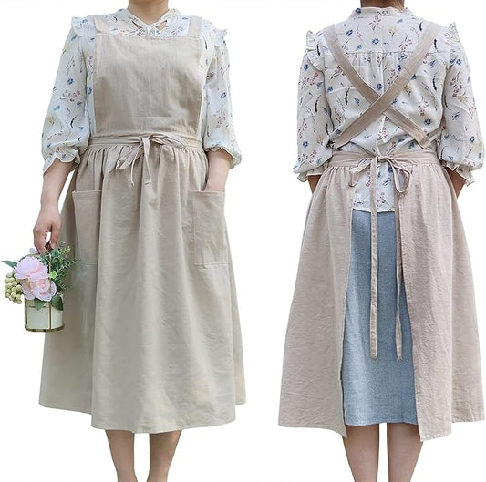Cute Retro Cotton Linen X-Back Aprons Home Kitchen Garden Art Painting Pinafore Florist Shop Overalls
