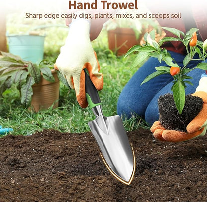 LASZOLA 3 Piece Garden Tool Set Include Hand Trowel Rake and Transplant Shovel for Women, Indoor Heavy Duty Small Spade Kit with Ergonomic Handle to Weed and Loosen, for Mom and Plant Beginner, Green
