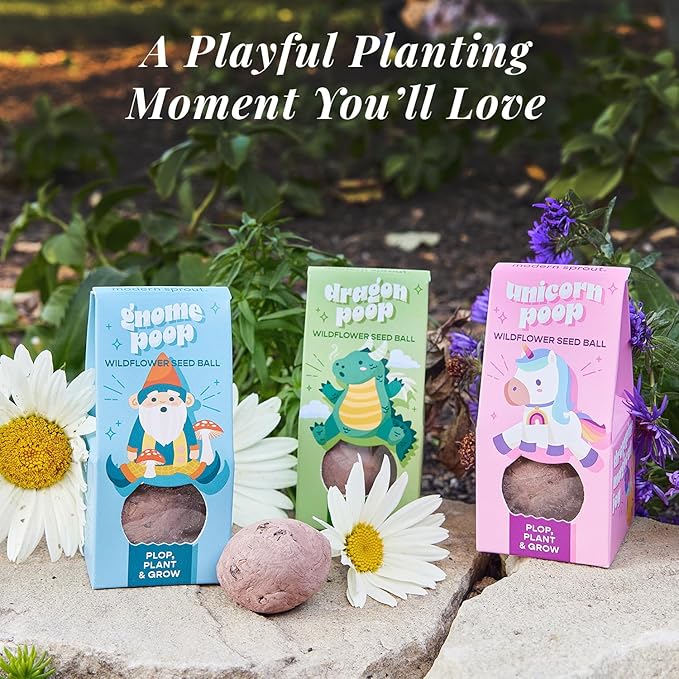 Modern Sprout Wildflower Seed Ball Poop - Non-GMO, Hand-Rolled Clay Seed Bombs with Wildflower Seeds - Plop Plant & Grow Gardening Gift Set for Kids & Adults - (Magical Plop - Pack of 3)