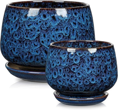 Blue Ceramic Planter Pots with Drainage Holes, Set of 2 7''+5'' Saucers and Mesh Pads Large Round Plant Pot for Indoor-Outdoor Plants, Succulent Orchid Flower