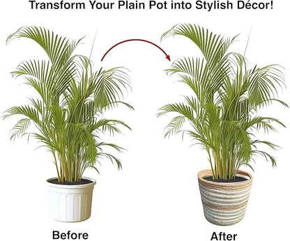 Planter Basket Set – 5-Piece Handwoven Jute Planter Basket for Home Decor, Nursery, or Indoor Plants (5'' to 8'' Diameter, 4.75'' to 7.75'' Height) – Wrinkle Free - Natural Beige with White Band