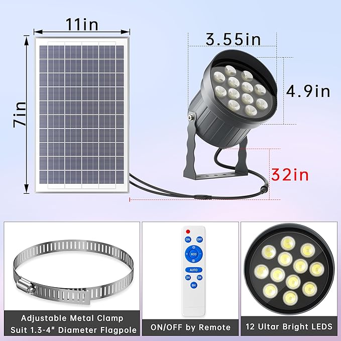 Ofuray Solar Flag Pole Light - Upgrade Big Solar Light for Outdoor Flagpole, Dusk to Dawn with Remote Control, Fits 0.5"-4'' Diameter