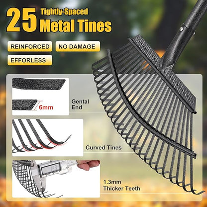 Rake for Leaves: Heavy Duty Metal Leaf Rake with 25 Tines- 18" Wide Head, 79" Splicing Handle, Durable Steel Yard Lawn, Garden,Camping Clean Gardening Tools for Thatch Grass Leaves Gravels Mulch