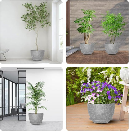 12 Inch Large Plant Pots, Flower Pots with Multi-Mesh Drainage Holes and Saucer, Plastic Planters for Indoor and Outdoor Garden Plants (Speckled Grey, 12")