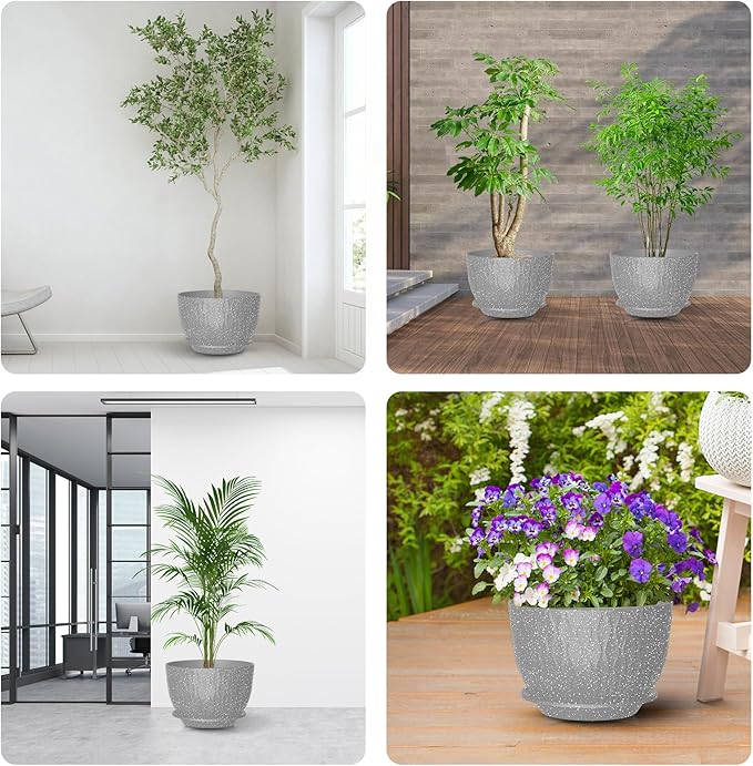 10 inch Large Plant Pots, Flower Pots with Multi-Mesh Drainage Holes and Saucer, Plastic Planters for Indoor and Outdoor Garden Plants (Speckled Grey, 10")