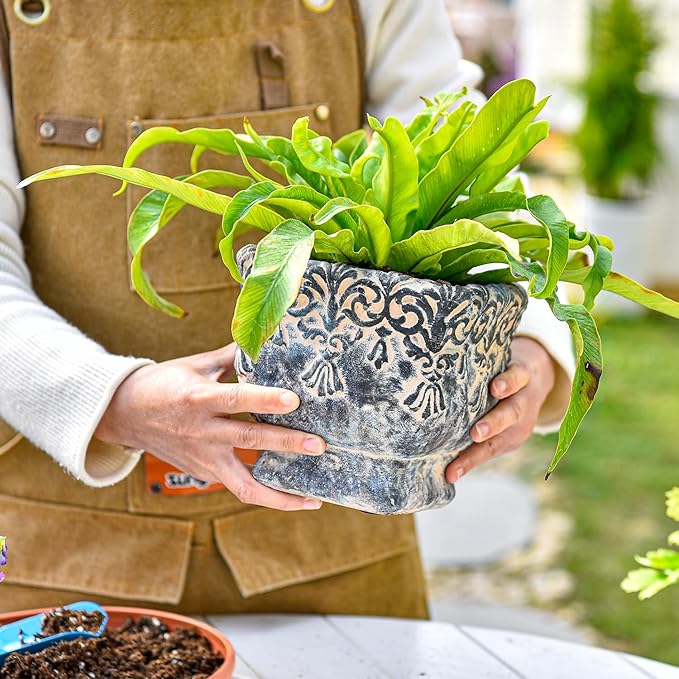Sungmor 6.5 Inch Cement Plant Pot for Plants, Succulent Planter with Embossed Design, Vintage Concrete Flowerpots with Drainage Hole, Decorative Orchid Houseplant Pot Indoor Outdoor Plant Container