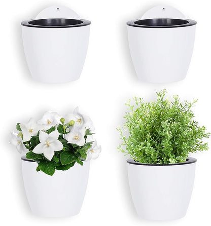 MyGift 7.5 Inch Wall Planters for Indoor Plants, White Plastic Hanging Self Watering Plant Pots, Flower Cactus Herbs Plant Container Wall Planter Set of 4