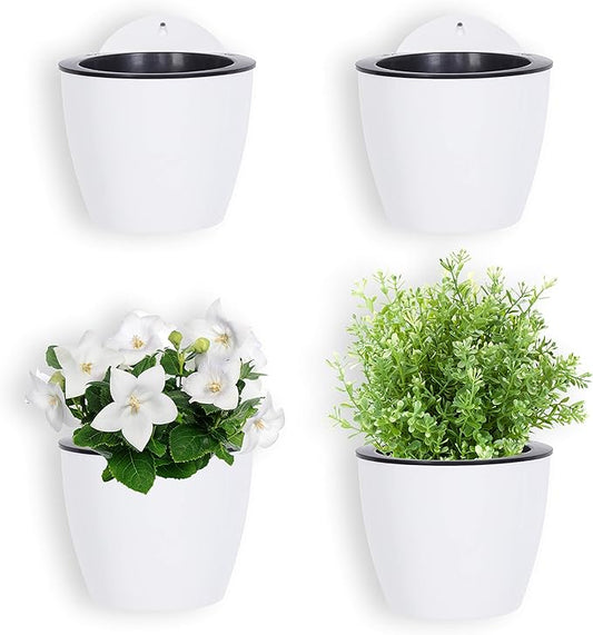 MyGift 7.5 Inch Wall Planters for Indoor Plants, White Plastic Hanging Self Watering Plant Pots, Flower Cactus Herbs Plant Container Wall Planter Set of 4