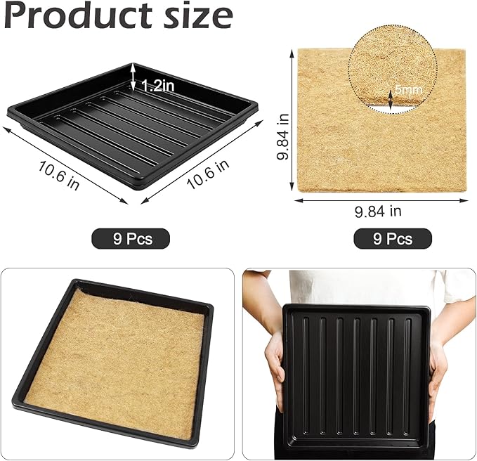 9Set Microgreens Growing Mat with Tray, Microgreen Growing Kit 10″×10″ Wheatgrass Seed Sprouting Starter Mat Hemp Fiber Grow Tray Hydroponic Jute Pads Indoor Organic Production for Germination Sprouts