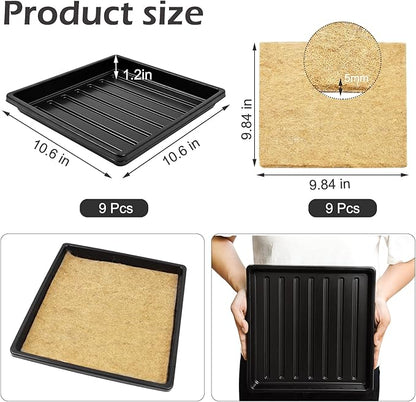9Set Microgreens Growing Mat with Tray, Microgreen Growing Kit 10″×10″ Wheatgrass Seed Sprouting Starter Mat Hemp Fiber Grow Tray Hydroponic Jute Pads Indoor Organic Production for Germination Sprouts