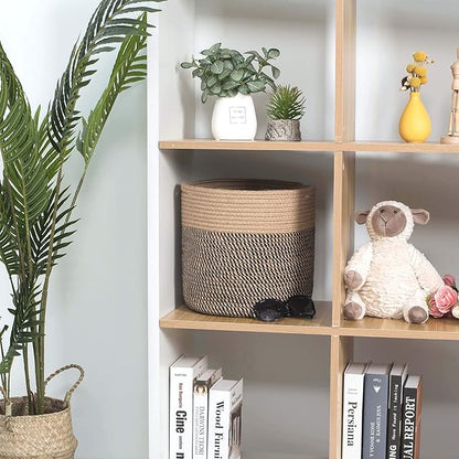 MINTWOOD Design 11 x 11 Inches Cotton Rope Basket for Flower Pot and Indoor Floor Planters, Decorative Round Woven Plant Pot Basket, Planter Covers, Small Dog Toy Storage Baskets, Black