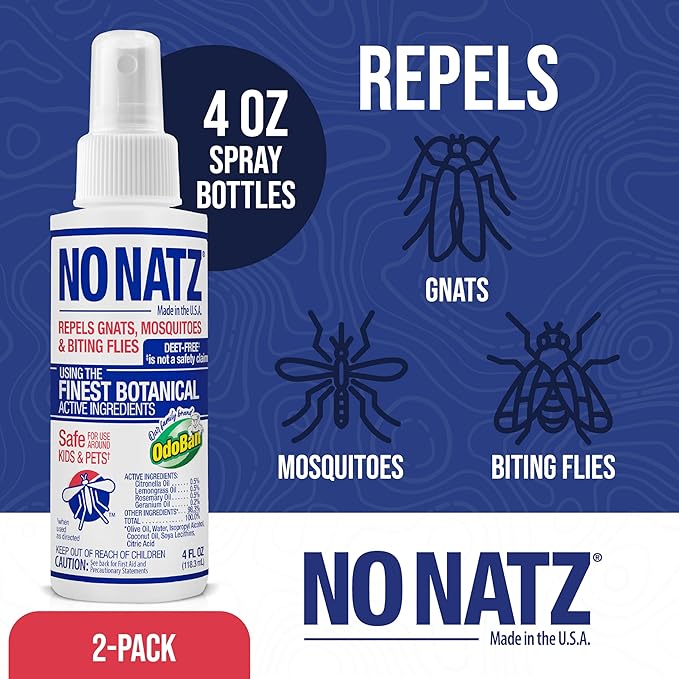 No Natz Botanical Insect Repellent, DEET-Free, Made with Natural Essential Oils, Non-Greasy Formula, Made in The USA, Fresh Scent, 4 Ounce Spray Bottle, 2-Pack