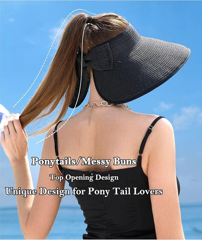 Womens Beach Straw Sun Hats Ponytail Hole Wide Brim Summer Visor Foldable Hat Sun Protection Packable for Travel Pool