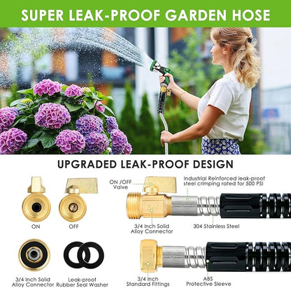 Stainless Steel Garden Hose 50 ft - 304 Stainless Steel Kink-Free Metal Water Hose with Shut-Off Valve & Hose Straps, Heavy Duty, Rust/Puncture Proof for Yard, Lawn and Car Washing, 50 Feet