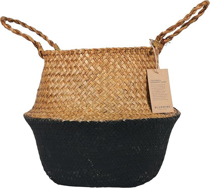 Blueming Large Seagrass Planter Basket – Wicker Planter Pot for Olive Trees, Faux Plants, or Snake Plant, Woven Rattan Planters for Modern Home Decor (Black Bottom, Large)