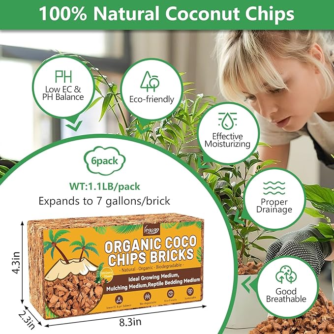 Legigo 6 Pack Coco Coir Chips for Plants- 6.6 LB 100% Organic Coconut Chips Brick Potting Mix with Low EC & PH Balance, Coconut Husk Substrate Coco Husk Mulch for Garden, Planting, Orchid and Soil Mix