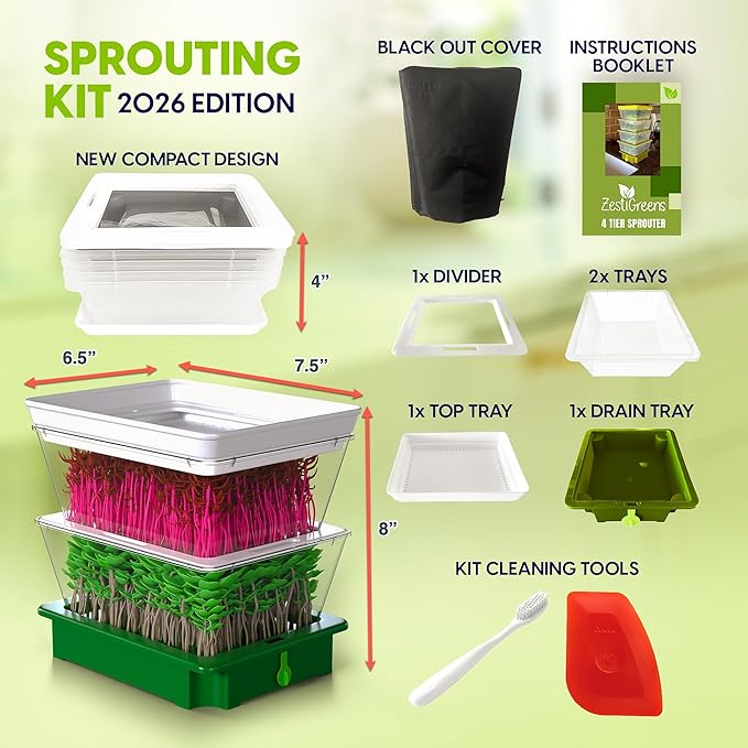 2-Tier Stackable Sprouting Kit with Sink Drain Spout & Ventilated Trays – Modular Seed Sprouter & Microgreens Germination System for Growing Broccoli, Alfalfa & Bean Sprouts.