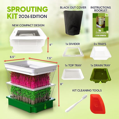 2-Tier Stackable Sprouting Kit with Sink Drain Spout & Ventilated Trays – Modular Seed Sprouter & Microgreens Germination System for Growing Broccoli, Alfalfa & Bean Sprouts.
