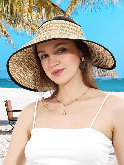 Womens Beach Straw Sun Hats Ponytail Hole Wide Brim Summer Visor Foldable Hat Sun Protection Packable for Travel Pool