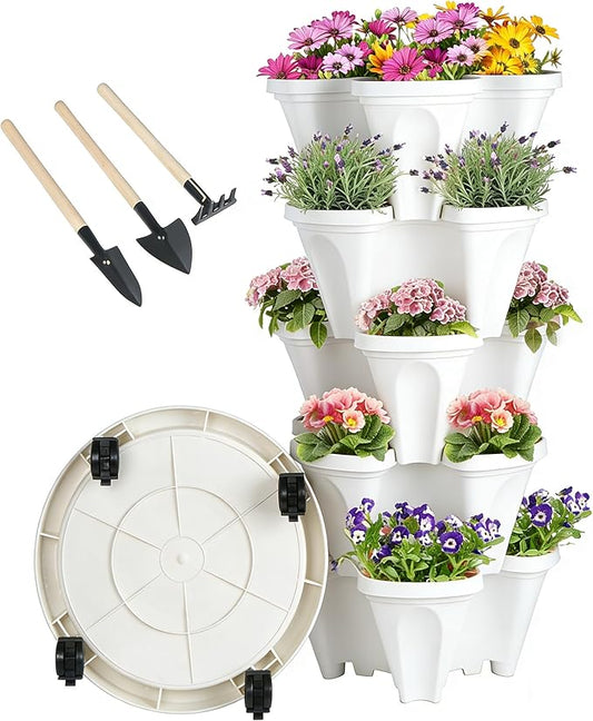 GameXcel Vertical Planter 5 Tier Stackable Planters Garden Planters Strawberry Herb Flower and Vegetable Planter Indoor Outdoor Gardening Pots with Removable Wheels and Tools White