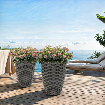 19" H Coastal Planter for Indoor/Outdoor Plants, Set of 2 Large Flower Pot with Drainage Hole, Weather-Resistant Resin Planters for Garden Patio Porch Home Office Decor, Rustic Black Wavy