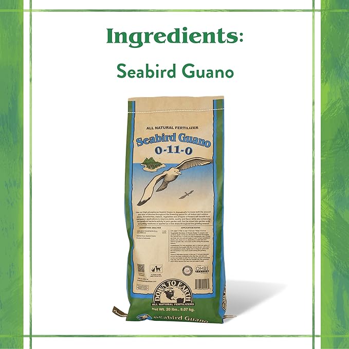 Down To Earth All Natural Fertilizers Organic Seabird Guano - High Phosphorus Plant Food for Buds, Blooms, Flowers 0-11-0, 20 lb
