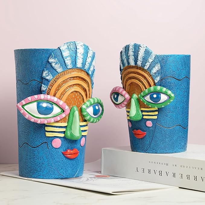 Picasso Blue Face Planter Pots Abstract Art Colorful Funky Plant Pots with Facial Expressions Unique Head Planter for Indoor Plants Home Decor (Small)