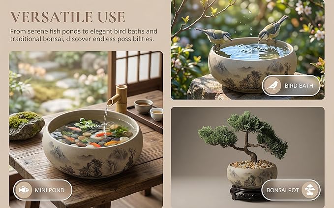 Water Lily Bowl Planter - Narcissus Pot Ceramics Hydroponic Lotus Planter Ceramic Water Lily Pot with Stand No Drainage Plant for Plants Bonsai Display Lucky Bamboo Home Garden Decor Chinese Fish Bowl