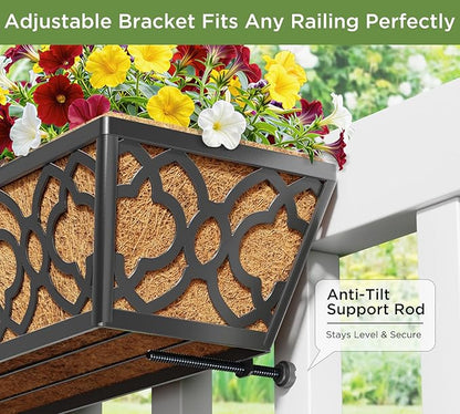 Y&M Flower Boxes for Deck Railings 24inch 4packs, Deck Railing Planter Boxes with Coir Liner Outdoor Railing Window Boxes Planters Hanging Planter Flower Box