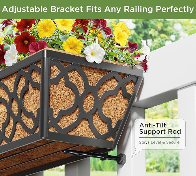 Y&M 24-Inch Window Planter Box 2Pcs Iron Deck Railing With Coco Liner, Metal Horse Troughs for Outdoor Balcony Rail Fence Porch Patio