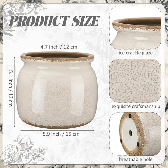 Vintage Planter Large Ceramic Plants Pot Pure Beige Vintage Crack Cottage Scroll Vase Flower Vase Pot Indoor Plants Home Decor Farmhouse Antique Decorative Gifts