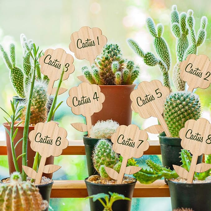 Whaline 60Pcs Flower-Type Bamboo Plant Labels with 1 Marker Pen Eco-Friendly Wooden Plant Sign Tag Wood Garden Marker Decorative Garden Tags for Seed Potted Herbs Flowers Vegetables (5 x 10 Cm)