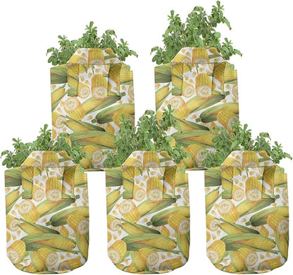 Ambesonne Corn Grow Bags 5-Pack, Vegetable Stalks Illustration, Heavyduty Fabric Pots with Handles for Plants, Yellow Green White