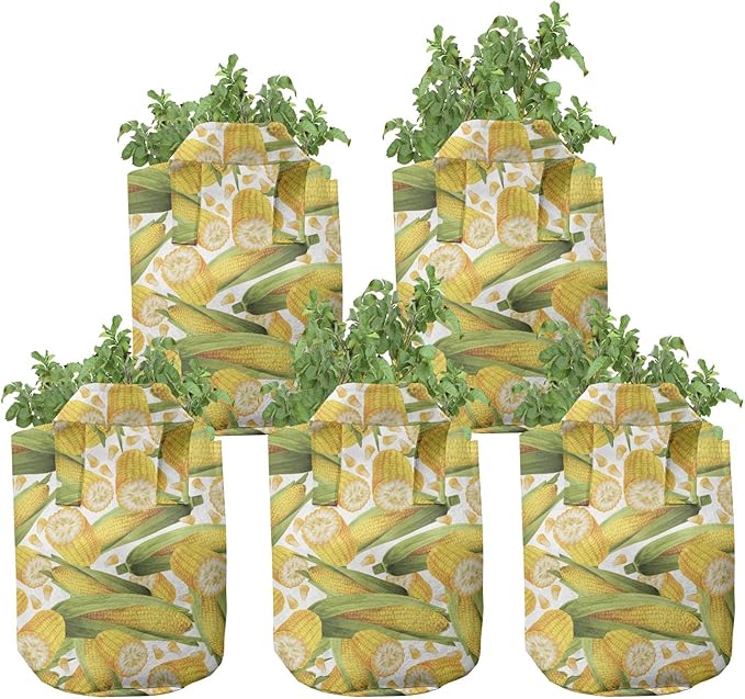 Ambesonne Corn Grow Bags 5-Pack, Vegetable Stalks Illustration, Heavyduty Fabric Pots with Handles for Plants, Yellow Green White