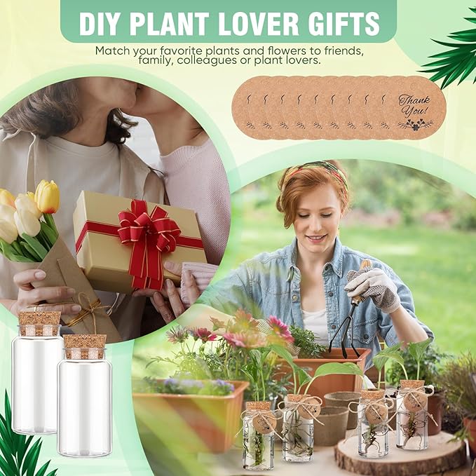 Baderke 24 Pack 3.54'' Plastic Plant Propagation Stations with Hole Lid 4oz Planter Vase Clear Propagation Jars with Thank You Tags for Plant Lover Gifts for Women Office Home Garden(24 Pack)