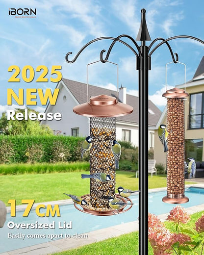 iBorn Peanut Bird Feeder,Sunflower Seed Feeder,13.5 Inch Metal Mesh Tube Bird Feeders for Outdoors Hanging,Squirrel-Proof Birdfeeders for Peanut with 17cm Weatherproof Roof & Tray,2 LB Capacity,Copper