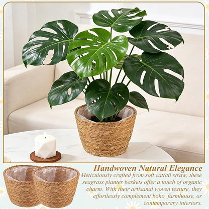 2PCS Seagrass Plant Basket for Indoor and Outdoor,Wicker Planter Basket with Liner for 6 inch Pot,Indoor Plant Pot Covers for Potted Plants, Rattan Storage Baskets for Rustic Boho Farmhouse Decor