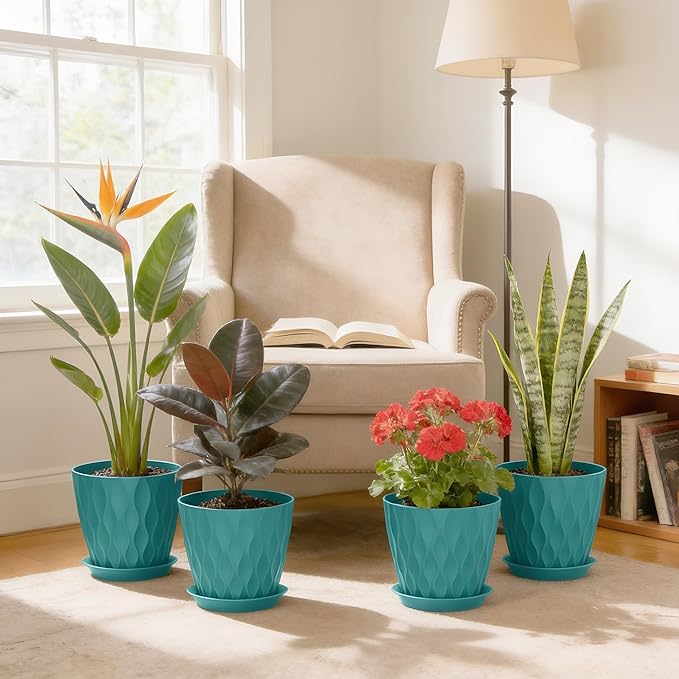 8 Inch Plant Pots, 4 Pack Plastic Planters for Indoor Outdoor with Drainage Holes & Saucers, Waffle Texture Flower Pots for Indoor Plants, Indoor Plant Pots for Monstera, Fiddle Leaf Fig Blue