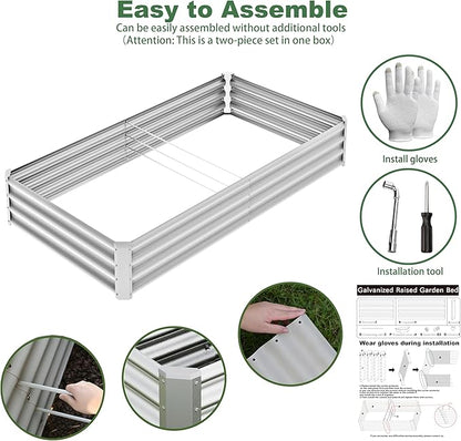 8x4x1ft(2 Pack) Galvanized Raised Garden Bed Kit, Galvanized Planter Garden Boxes Outdoor, Metal Raised Garden Beds for Vegetables,Fruits, Flower,Silver