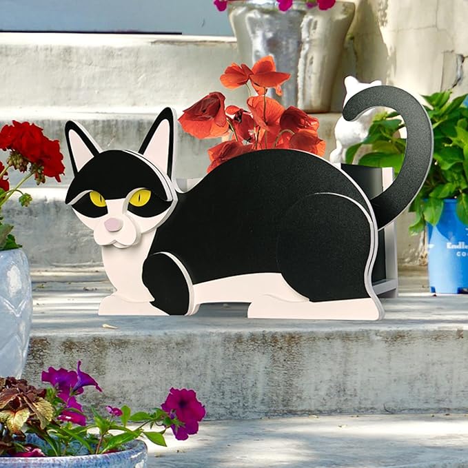 Black and White Cat Planter, Cute Animal Shape Flower Planters, Plant Pots for Indoor/Outdoor Garden Decor, Unique Gifts/Souvenirs for Pet Lovers