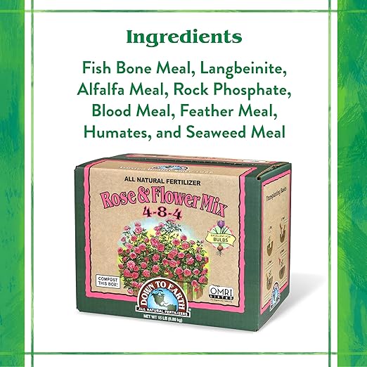 Down To Earth All Natural Fertilizers Organic Rose & Flower Mix - Plant Food for Roses, Bulbs, Flowers and Ornamentals 4-8-4, 15 lb