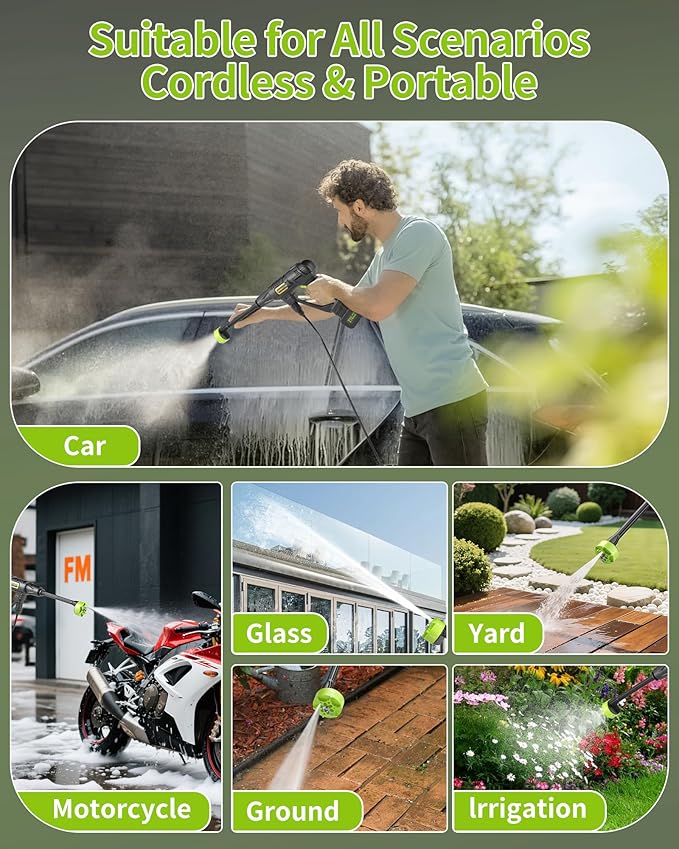 Cordless Pressure Washer Battery Powered; 990PSI Cordless Power Washer with 6-in-1 Nozzle, 23FT High-Elastic Hose, 21V Battery&Charger; Portable Handheld Pressure Washer Cleaner for Home (DH02-21)