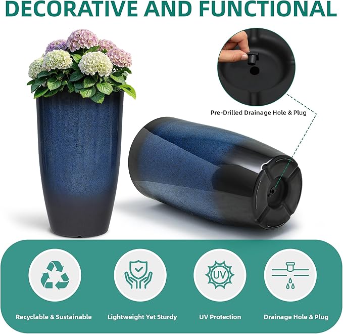 23.8" Large Tall Planters Set of 2 Plant Pot Plastic Flower Pots Outdoor Gradient Cobalt Blue Finish Front Porch Decor Pot Weather-Resistant & Lightweight for Garden, Patio, Deck, Indoor