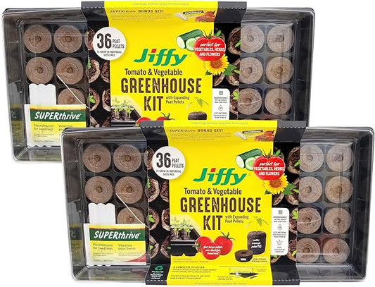 Ferry Morse Jiffy Tomato & Vegetable Seed Starter Tray Kit, 36 Cell 50mm Peat Pellets with Bonus SUPERthrive and Plant Labels - 2 Pack, 72 Pellets Total