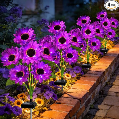 Solar Sunflower Lights Outdoor Garden Decor, 4 Pack Solar Purple Flowers Lights with 24 Sunflowers, Waterproof Fall Decor Stake Decorative Light Auto ON/Off for Garden Yard Patio, Gift for Women